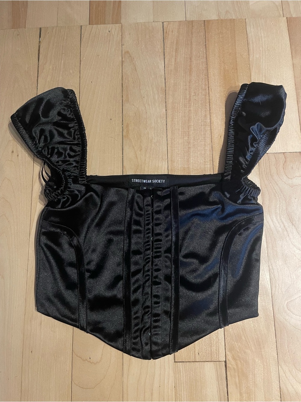 Streetwear Society Black Satin Ruched-Strap Corset Crop Top